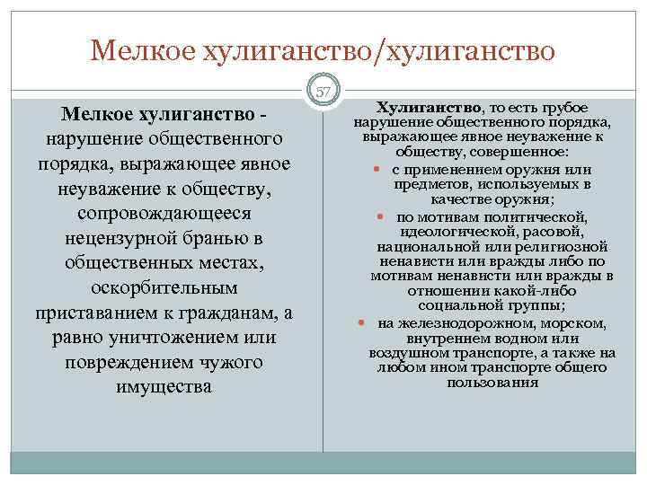 Мелкое хулиганство/хулиганство 57 Мелкое хулиганство нарушение общественного порядка, выражающее явное неуважение к обществу, сопровождающееся