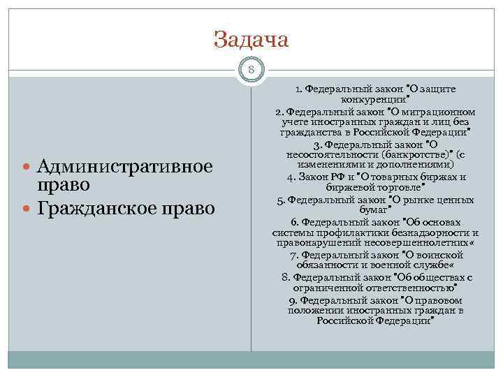 Задача 8 Административное право Гражданское право 1. Федеральный закон 