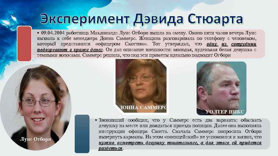 Эксперимент Дэвида Стюарта • 09. 04. 2004 работница Макдоналдс Луис Огборн вышла на смену.