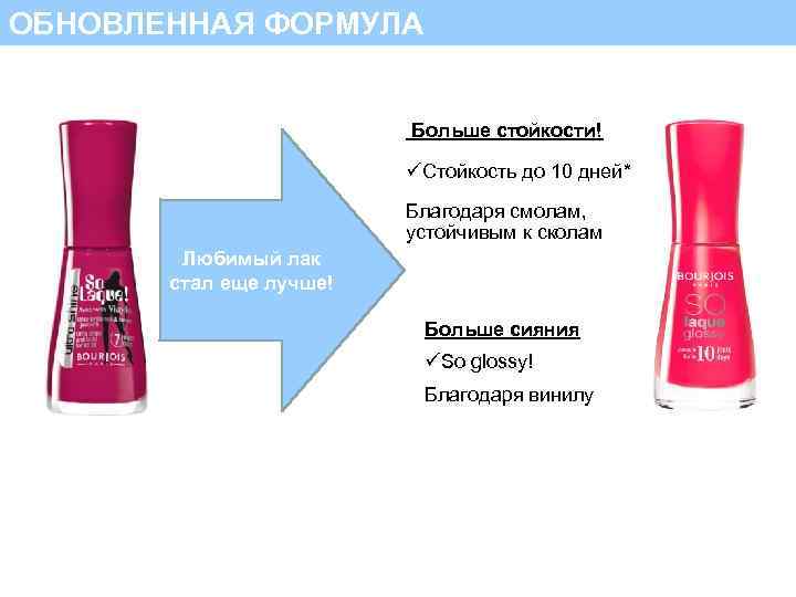 ОБНОВЛЕННАЯ ФОРМУЛА Больше стойкости! üСтойкость до 10 дней* Благодаря смолам, устойчивым к сколам Любимый