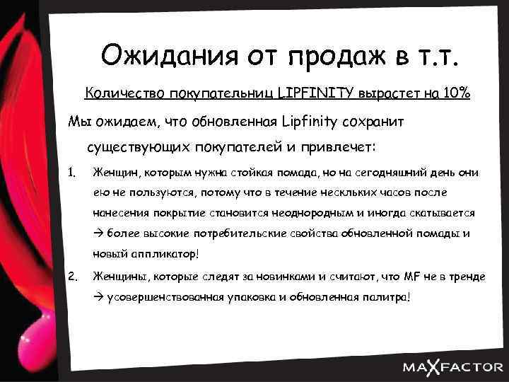 Ожидания от продаж в т. т. Количество покупательниц LIPFINITY вырастет на 10% Мы ожидаем,