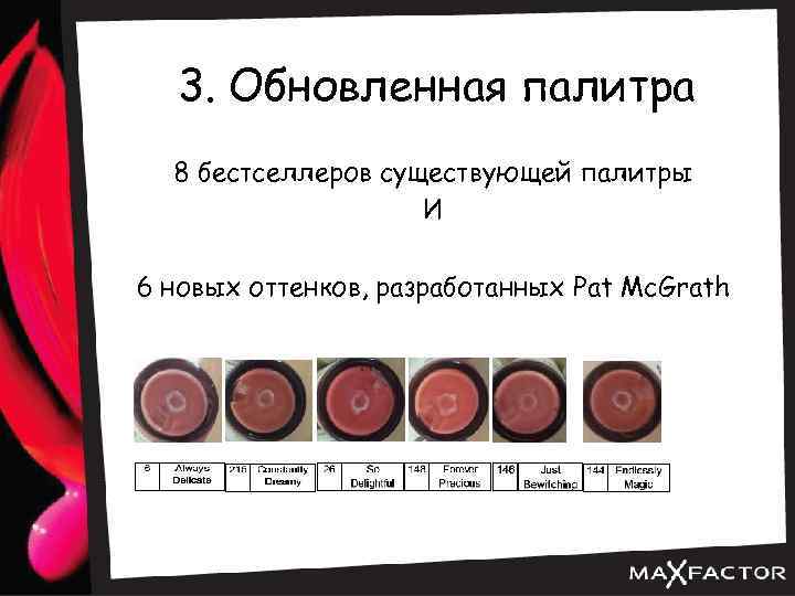 3. Обновленная палитра 8 бестселлеров существующей палитры И 6 новых оттенков, разработанных Pat Mc.