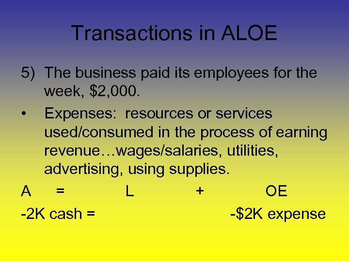 Transactions in ALOE 5) The business paid its employees for the week, $2, 000.