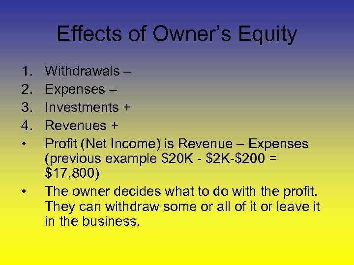 Effects of Owner’s Equity 1. 2. 3. 4. • • Withdrawals – Expenses –