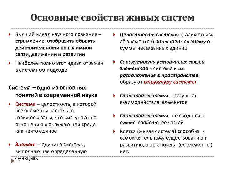 Основные свойства живых систем Высший идеал научного познания – стремление отобразить объекты действительности во