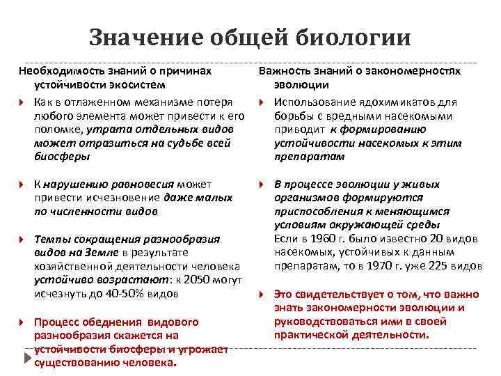 Значение общей биологии Необходимость знаний о причинах устойчивости экосистем Как в отлаженном механизме потеря