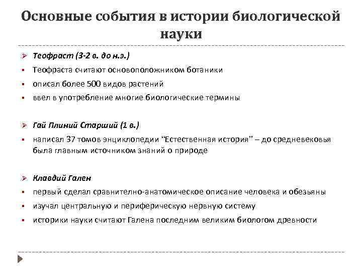 Основные события в истории биологической науки Ø Теофраст (3 -2 в. до н. э.