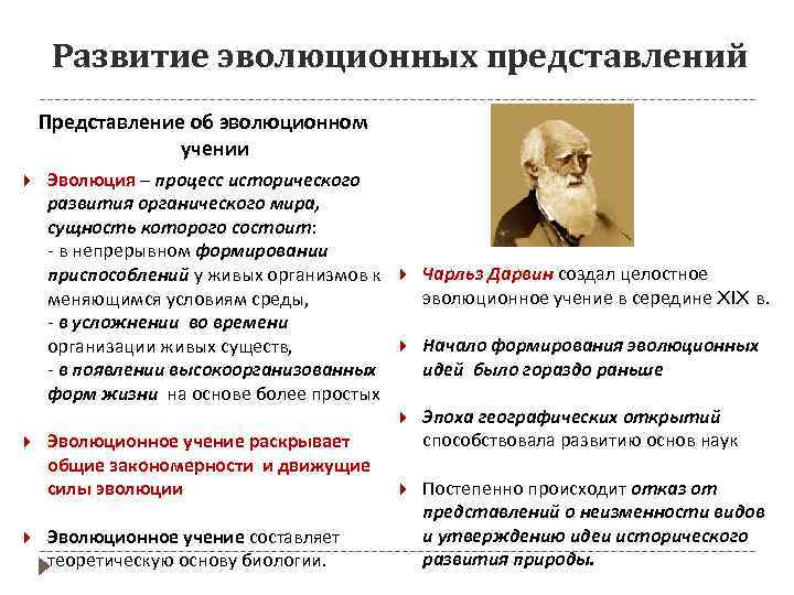 Развитие эволюционных представлений Представление об эволюционном учении Эволюция – процесс исторического развития органического мира,