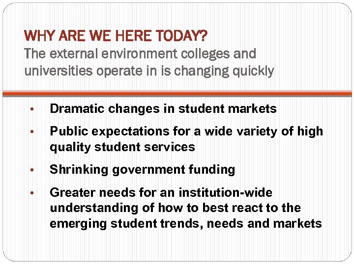 WHY ARE WE HERE TODAY? The external environment colleges and universities operate in is