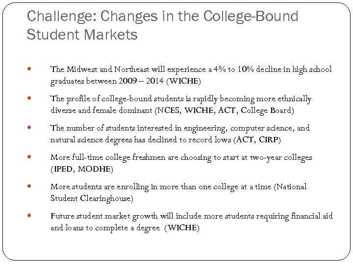 Challenge: Changes in the College-Bound Student Markets The Midwest and Northeast will experience a