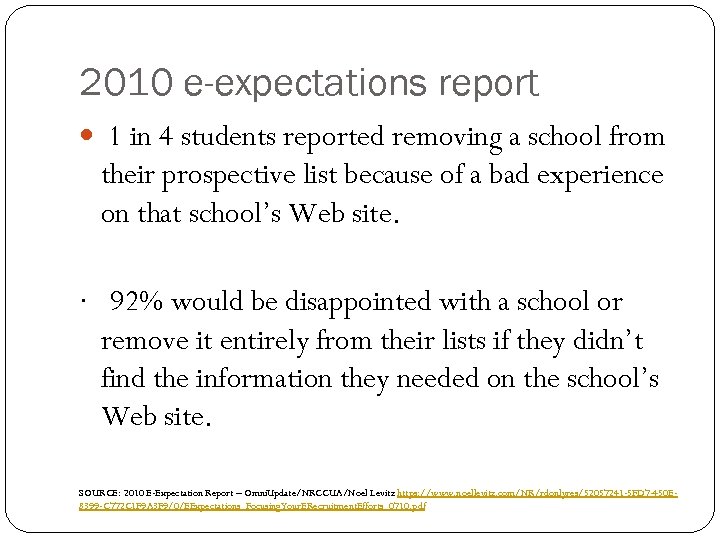 2010 e-expectations report 1 in 4 students reported removing a school from their prospective
