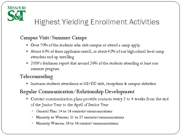 Highest Yielding Enrollment Activities Campus Visit/Summer Camps § Over 70% of the students who