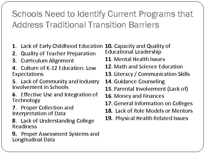 Schools Need to Identify Current Programs that Address Traditional Transition Barriers 1. Lack of