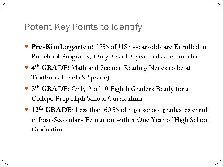 Potent Key Points to Identify Pre-Kindergarten: 22% of US 4 -year-olds are Enrolled in