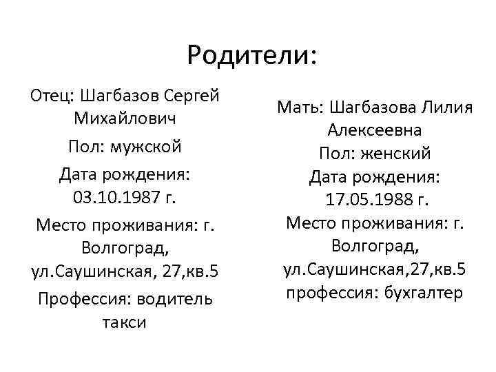Родители: Отец: Шагбазов Сергей Михайлович Пол: мужской Дата рождения: 03. 10. 1987 г. Место
