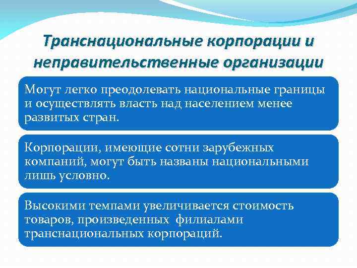 Транснациональные корпорации и неправительственные организации Могут легко преодолевать национальные границы и осуществлять власть над