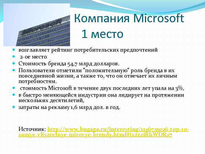 Компания Microsoft 1 место возглавляет рейтинг потребительских предпочтений 2 -ое место Стоимость бренда 54,