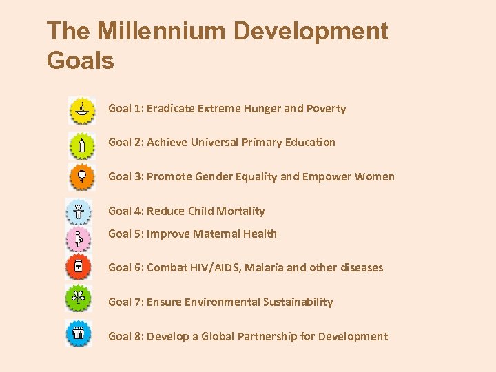 The Millennium Development Goals Goal 1: Eradicate Extreme Hunger and Poverty Goal 2: Achieve
