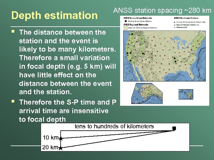 Depth estimation § § ANSS station spacing ~280 km The distance between the station