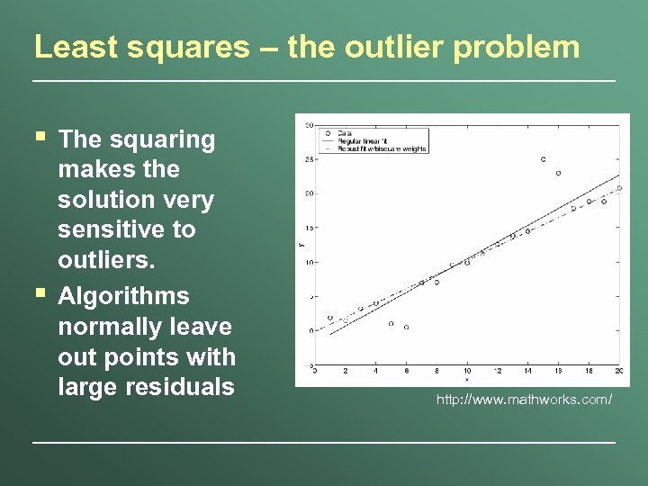 Least squares – the outlier problem § § The squaring makes the solution very