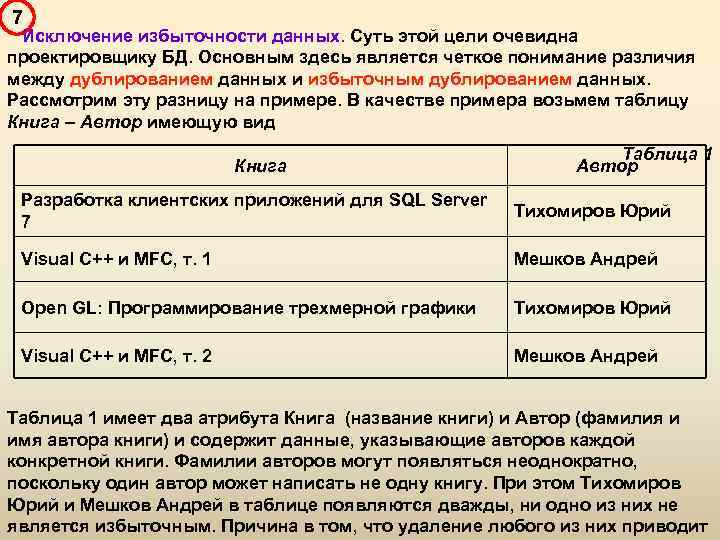 7 Исключение избыточности данных. Суть этой цели очевидна проектировщику БД. Основным здесь является четкое
