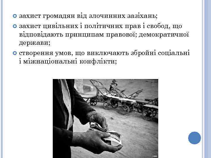 захист громадян від злочинних зазіхань; захист цивільних і політичних прав і свобод, що відповідають