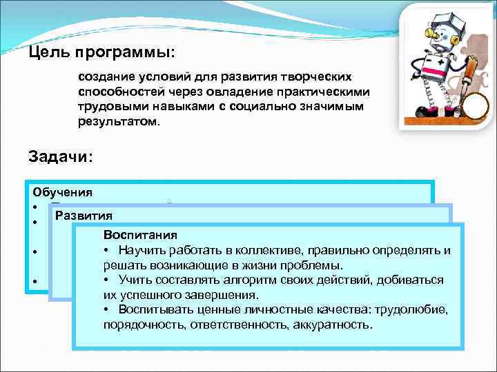 Цель программы: создание условий для развития творческих способностей через овладение практическими трудовыми навыками с