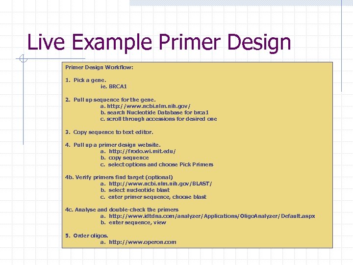 Live Example Primer Design Workflow: 1. Pick a gene. ie. BRCA 1 2. Pull