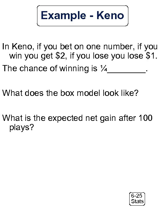 Example - Keno In Keno, if you bet on one number, if you win
