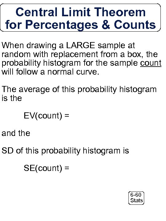 Central Limit Theorem for Percentages & Counts When drawing a LARGE sample at random