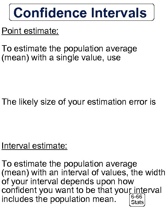 Confidence Intervals Point estimate: To estimate the population average (mean) with a single value,