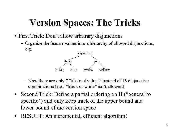 Version Spaces: The Tricks • First Trick: Don’t allow arbitrary disjunctions – Organize the