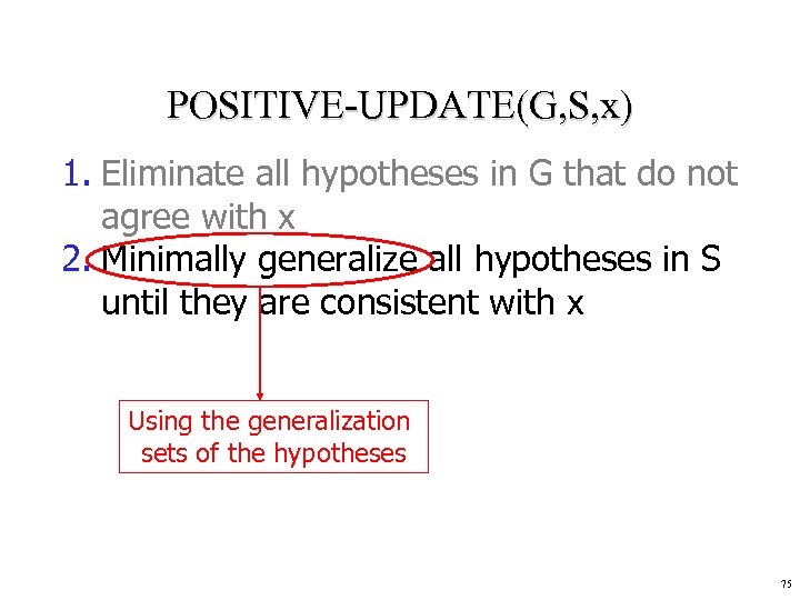 POSITIVE-UPDATE(G, S, x) 1. Eliminate all hypotheses in G that do not agree with