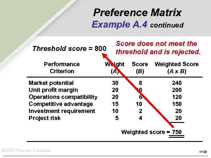 Preference Matrix Example A. 4 continued Threshold score = 800 Score does not meet