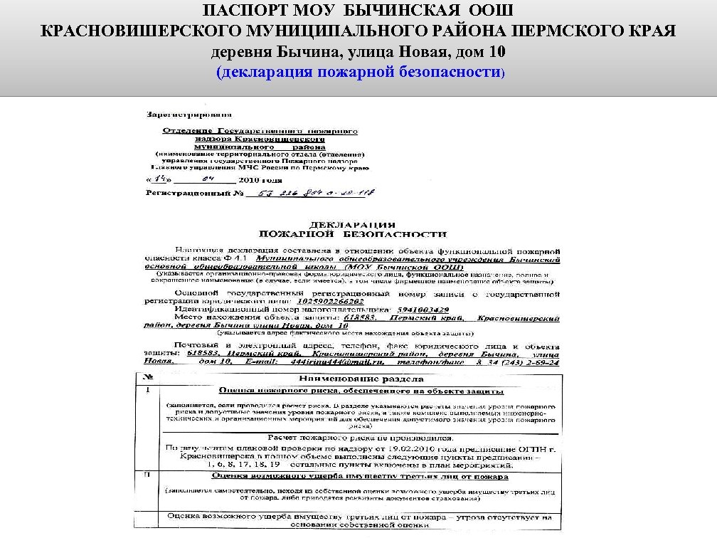 ПАСПОРТ МОУ БЫЧИНСКАЯ ООШ КРАСНОВИШЕРСКОГО МУНИЦИПАЛЬНОГО РАЙОНА ПЕРМСКОГО КРАЯ деревня Бычина, улица Новая, дом