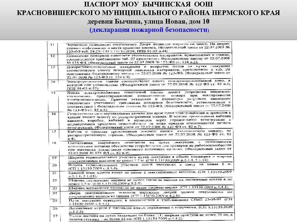 ПАСПОРТ МОУ БЫЧИНСКАЯ ООШ КРАСНОВИШЕРСКОГО МУНИЦИПАЛЬНОГО РАЙОНА ПЕРМСКОГО КРАЯ деревня Бычина, улица Новая, дом