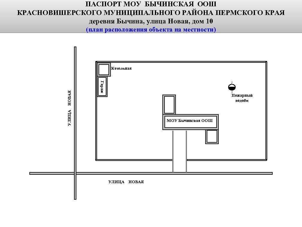 ПАСПОРТ МОУ БЫЧИНСКАЯ ООШ КРАСНОВИШЕРСКОГО МУНИЦИПАЛЬНОГО РАЙОНА ПЕРМСКОГО КРАЯ деревня Бычина, улица Новая, дом