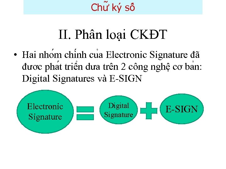 Chư ky sô II. Phân loại CKĐT • Hai nho m chi nh cu