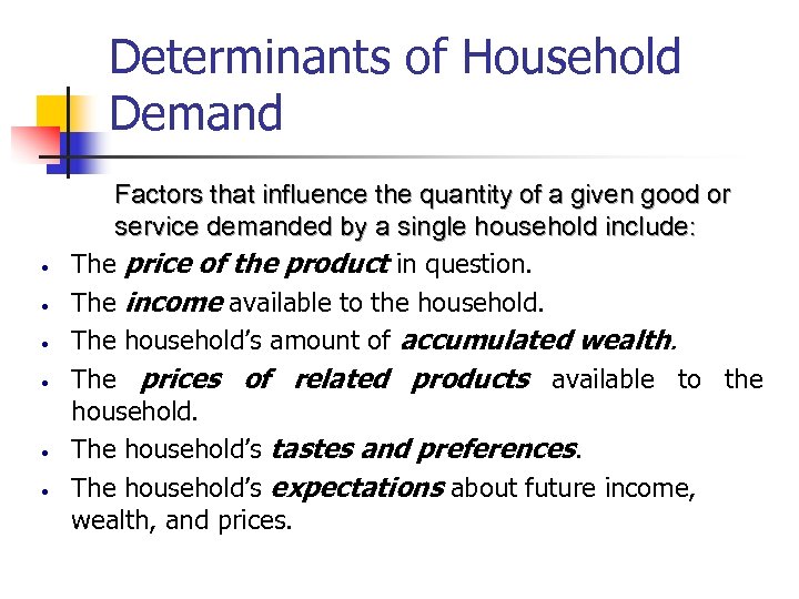 Determinants of Household Demand • • • Factors that influence the quantity of a