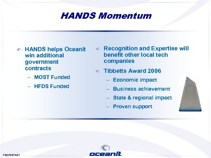 HANDS Momentum HANDS helps Oceanit win additional government contracts Recognition and Expertise will benefit