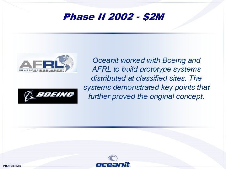 Phase II 2002 - $2 M Oceanit worked with Boeing and AFRL to build