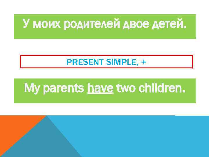 У моих родителей двое детей. PRESENT SIMPLE, + My parents have two children. 