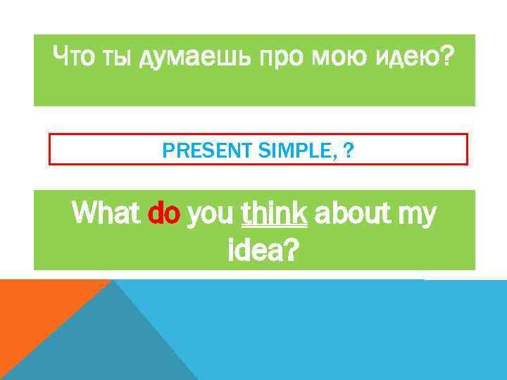 Что ты думаешь про мою идею? PRESENT SIMPLE, ? What do you think about