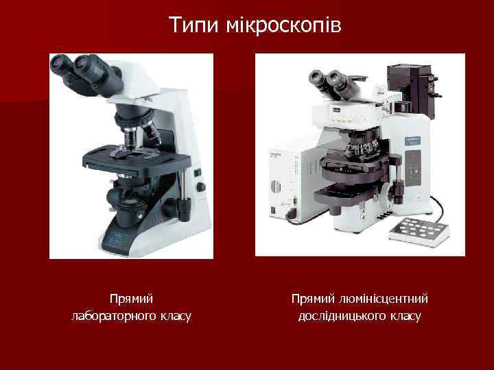 Типи мікроскопів Прямий лабораторного класу Прямий люмінісцентний дослідницького класу 