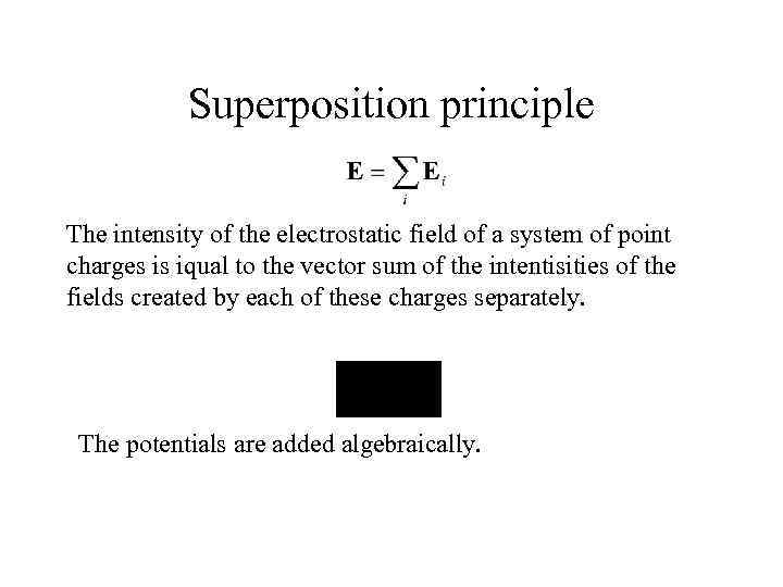 Superposition principle The intensity of the electrostatic field of a system of point charges