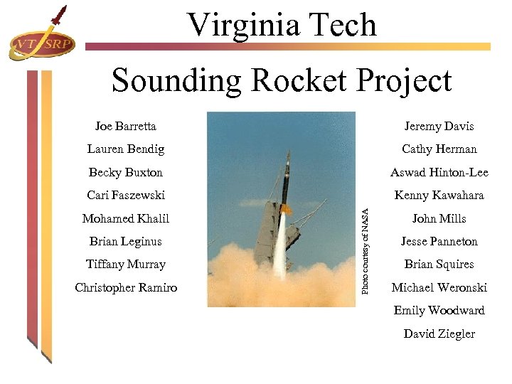 Virginia Tech Sounding Rocket Project Jeremy Davis Lauren Bendig Cathy Herman Becky Buxton Aswad