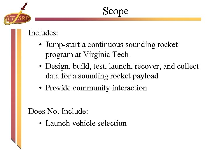 Scope Includes: • Jump-start a continuous sounding rocket program at Virginia Tech • Design,