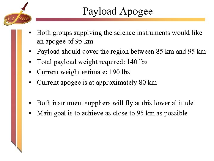 Payload Apogee • Both groups supplying the science instruments would like an apogee of