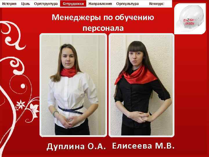 История Цель Оргструктура Сотрудники Направления Оргкультура Конкурс Менеджеры по обучению персонала Дуплина О. А.