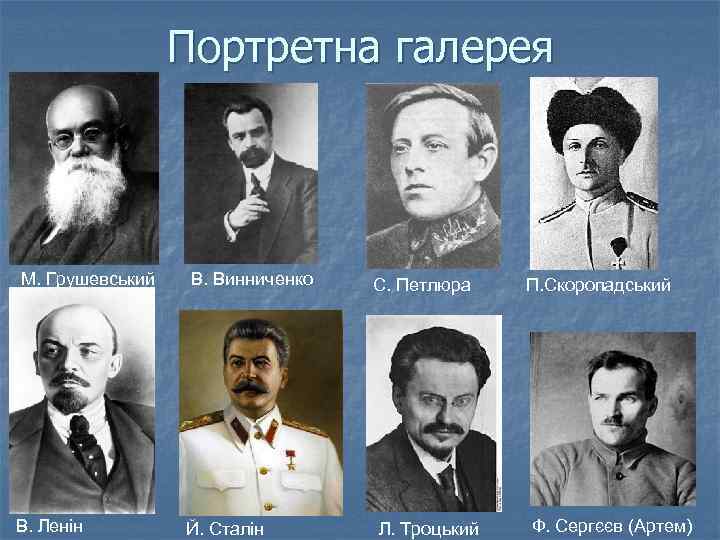 Портретна галерея М. Грушевський В. Ленін В. Винниченко Й. Сталін С. Петлюра Л. Троцький
